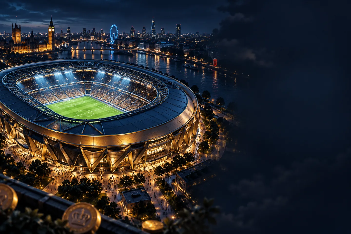 Aerial cinematic view of an illuminated stadium at night with gold panels glowing against a deep navy sky, British skyline in
