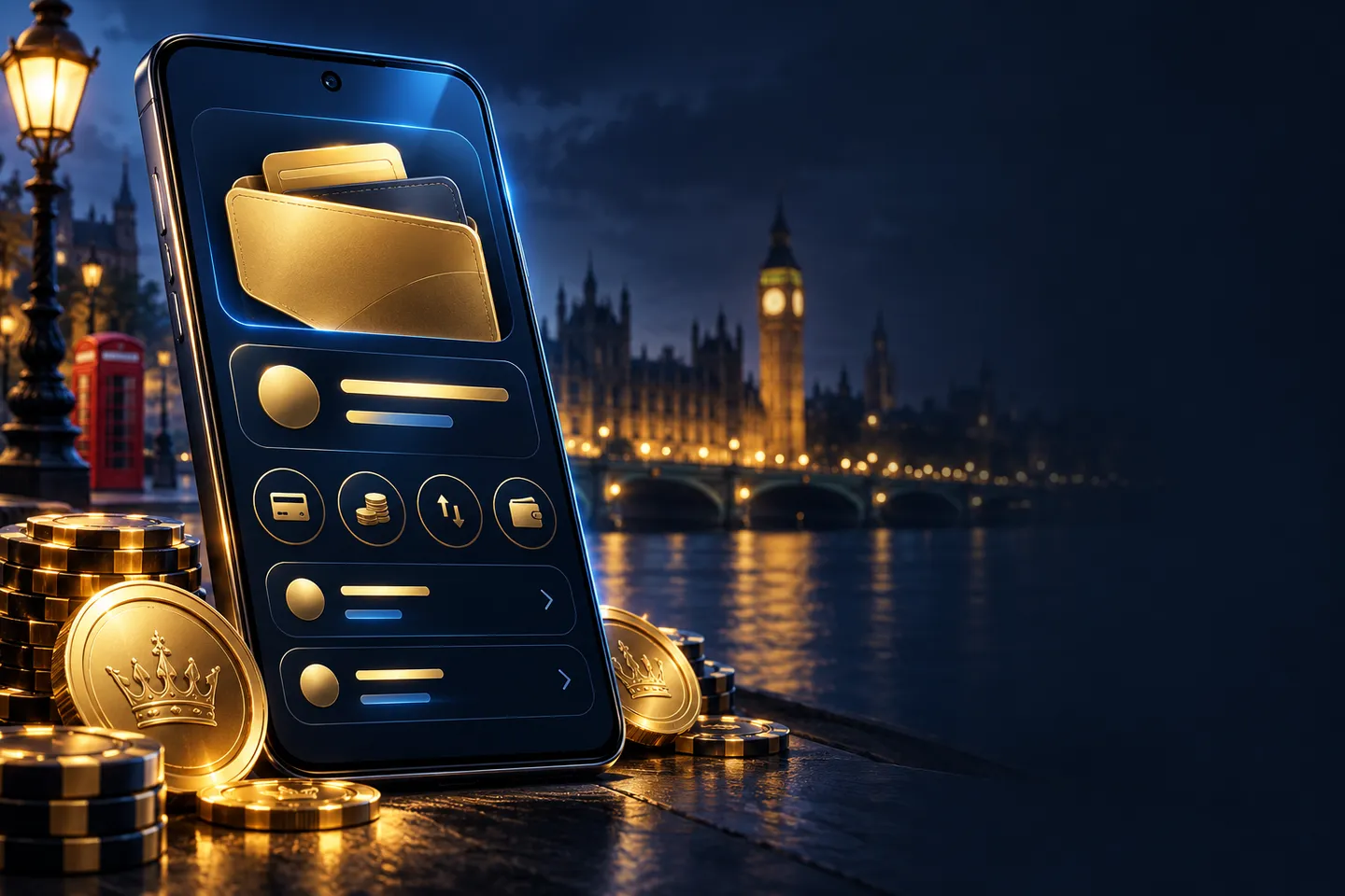Android smartphone displaying an abstract gold and navy digital wallet app UI, set against a deep navy background with subtle