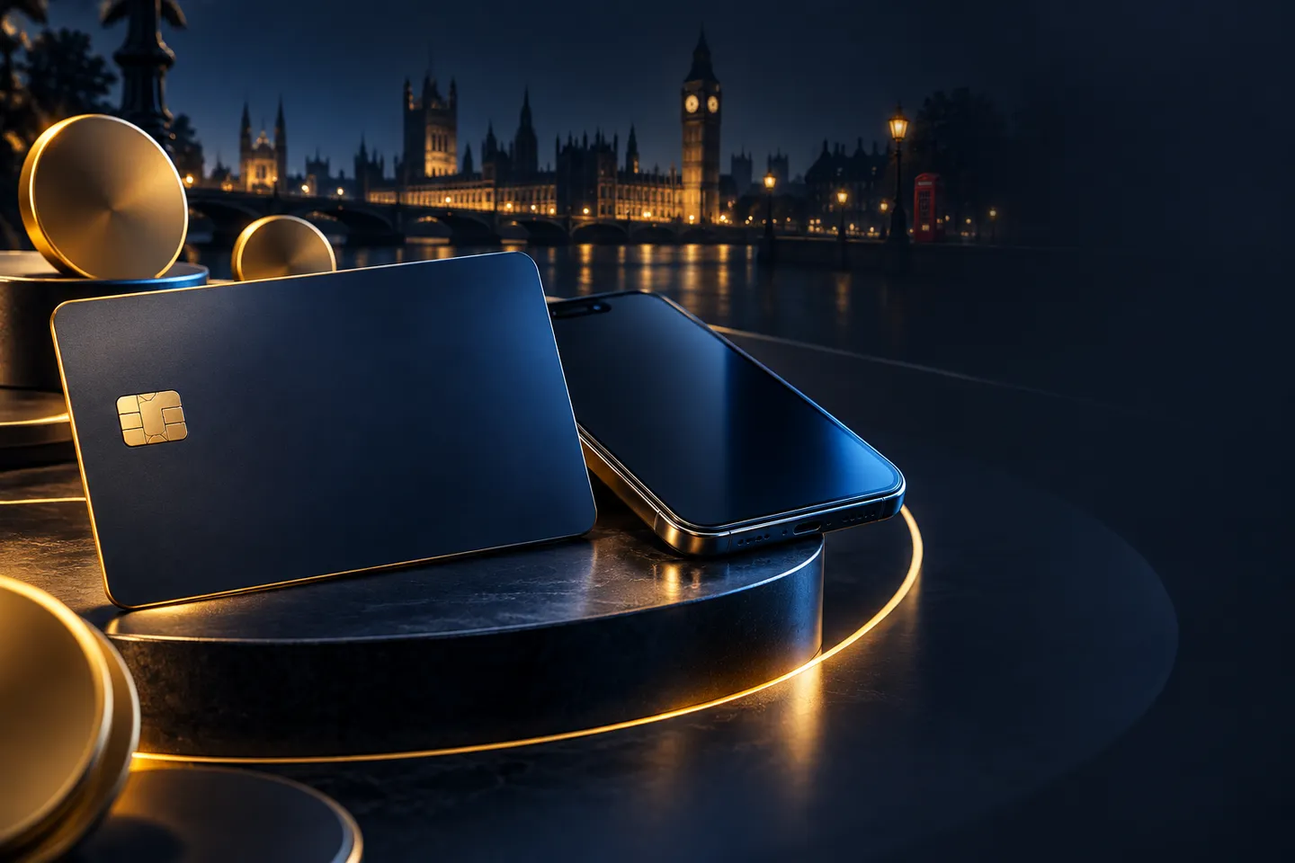 A modern bank card and smartphone on a deep navy background with gold highlights and subtle London skyline accents in a cinem