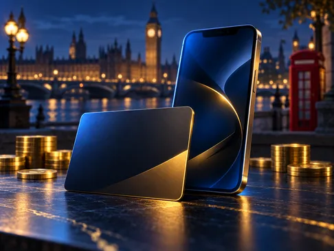 A bank card and smartphone displayed against a deep navy background with gold highlights and subtle London skyline silhouette
