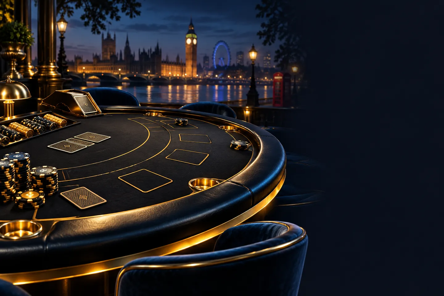 Cinematic black and gold blackjack table under dramatic spotlight, deep navy background with subtle London skyline silhouette