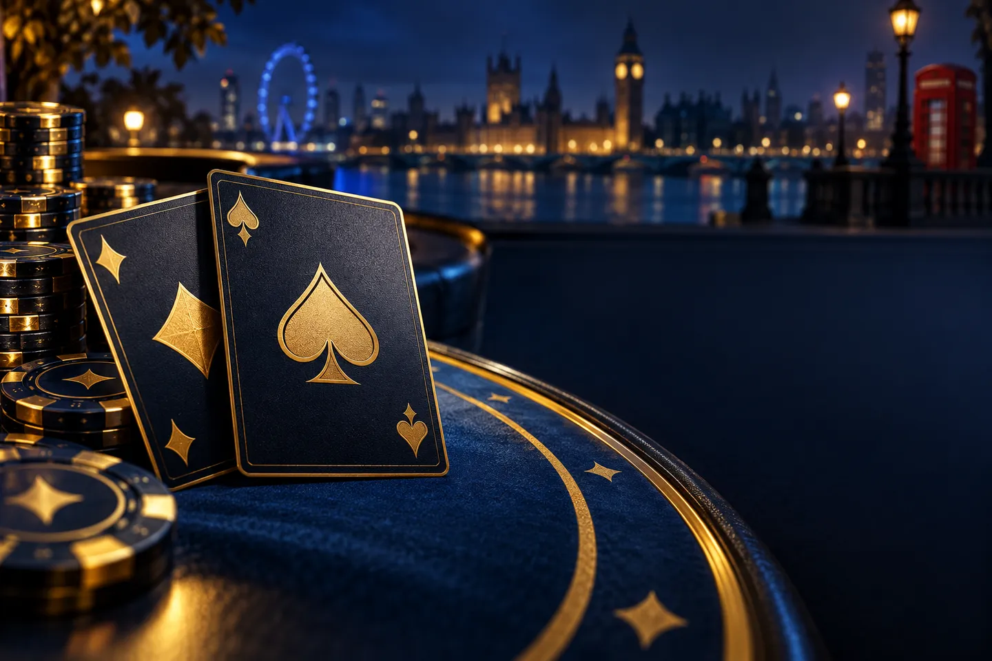 Premium editorial illustration of a blackjack hand with gold cards on deep navy casino felt, cinematic lighting with subtle L