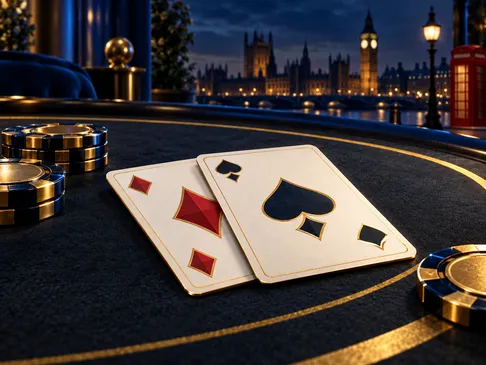 A premium editorial illustration of a blackjack hand dealt on green felt, with deep navy and gold tones and subtle British ba