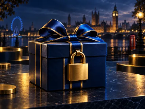 A gold-accented gift box secured with a padlock against a deep navy background, symbolising locked bonus conditions on a UK c