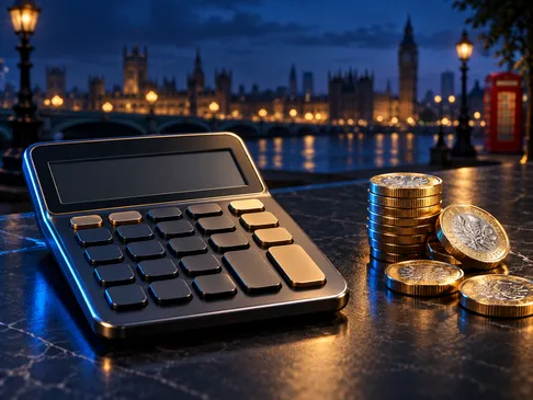 A sleek calculator beside gold coins on a deep navy background with cinematic lighting, evoking financial strategy and casino