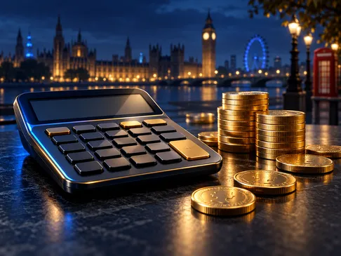 A sleek calculator beside gleaming gold coins on a deep navy background with cinematic gold and electric-blue lighting, UK ca