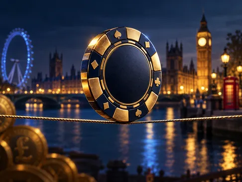 Close-up of a gold-rimmed casino chip on a deep navy surface with electric-blue rim light and subtle British skyline in backg