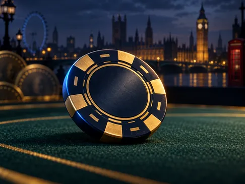 A single casino chip resting on dark green felt, bathed in warm gold and cool electric-blue light against a deep navy backgro