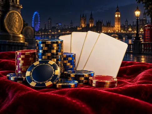 Premium casino chips and playing cards arranged on rich red velvet surface with gold highlights and cinematic navy lighting