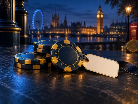A handful of casino chips with a small gift tag against a deep navy background, gold highlights and subtle London skyline sil