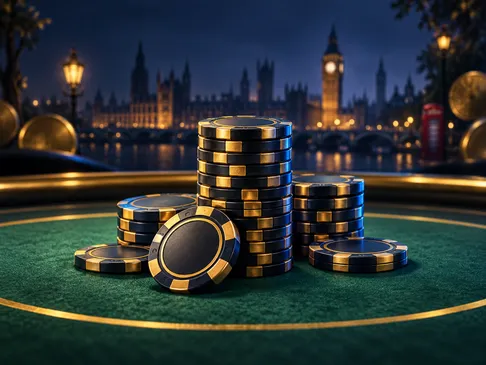 Stacked casino chips resting on green felt, cinematic gold and electric-blue lighting against a deep navy background, British