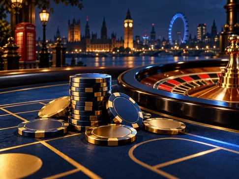 Stack of gold and navy casino chips arranged on a deep-navy roulette table with cinematic blue rim lighting and subtle Britis