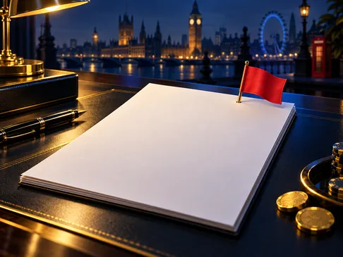 A formal document with a red flag marker against a deep navy background with gold accents and subtle London skyline silhouett