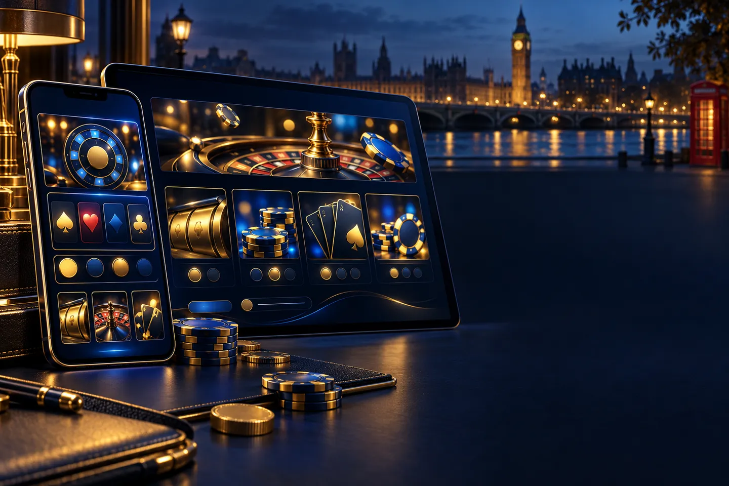 Smartphone and tablet displaying abstract casino interface on a navy desk with gold highlights and subtle British skyline acc