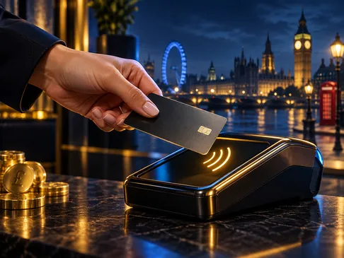 A semi-realistic digital illustration of a contactless payment hand gesture with gold highlights and electric-blue rim lighti