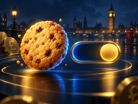 A glowing cookie icon beside an illuminated toggle switch, styled in deep navy and gold with electric-blue rim light against 