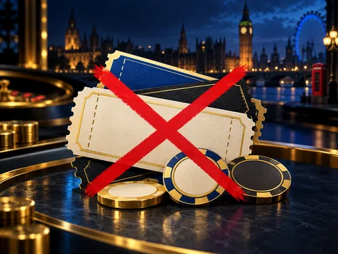 Crossed-out coupon shapes on deep navy background with gold accents illustrating the concept of fake or invalid promotional c