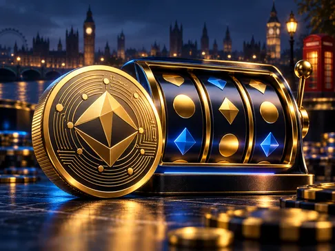 A golden crypto coin beside gleaming slot machine reels against a deep navy background with subtle London skyline accents and