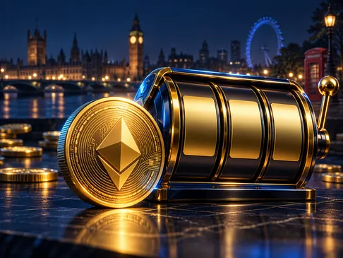 A golden crypto coin beside a glowing slot reel, set against a deep navy background with electric-blue rim light and subtle L