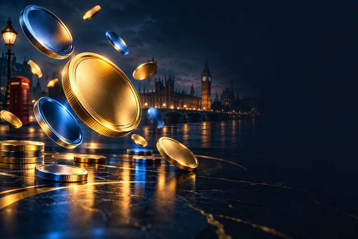 Abstract gold and electric-blue crypto coins floating over a dark navy surface with subtle British London skyline accents in 
