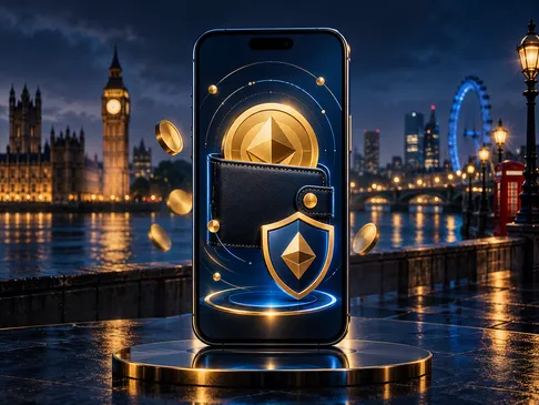 Smartphone showing a crypto wallet on deep navy background with gold highlights and subtle London skyline, cinematic blue rim