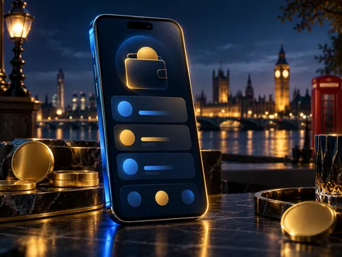 Smartphone showing a crypto wallet app, deep navy and gold palette with subtle London skyline silhouette and electric-blue ri