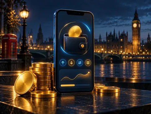 Smartphone displaying abstract crypto wallet interface with glowing gold coin shapes on deep navy background with electric-bl