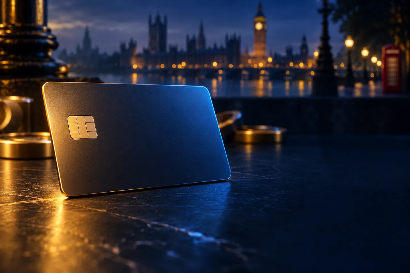 A debit card resting on a deep navy surface bathed in warm gold light, with a subtle London skyline in the background