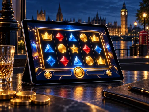 Abstract demo slot game on a tablet screen, deep navy and gold palette with electric-blue rim light, cinematic British-themed