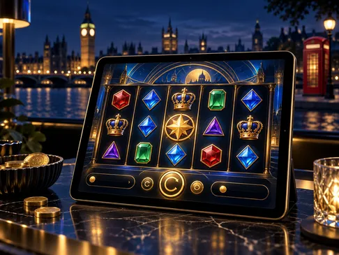 Tablet showing a demo slot game glowing with gold highlights, set against deep navy with subtle London skyline, cinematic edi