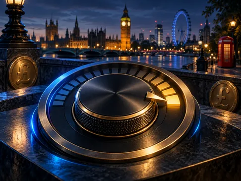 A gold-accented dial turned to a limit setting, set against a deep navy background with subtle London skyline silhouette
