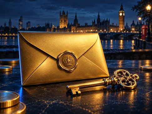 A gold envelope and ornate key on a deep navy background with subtle London skyline silhouette and electric-blue rim lighting