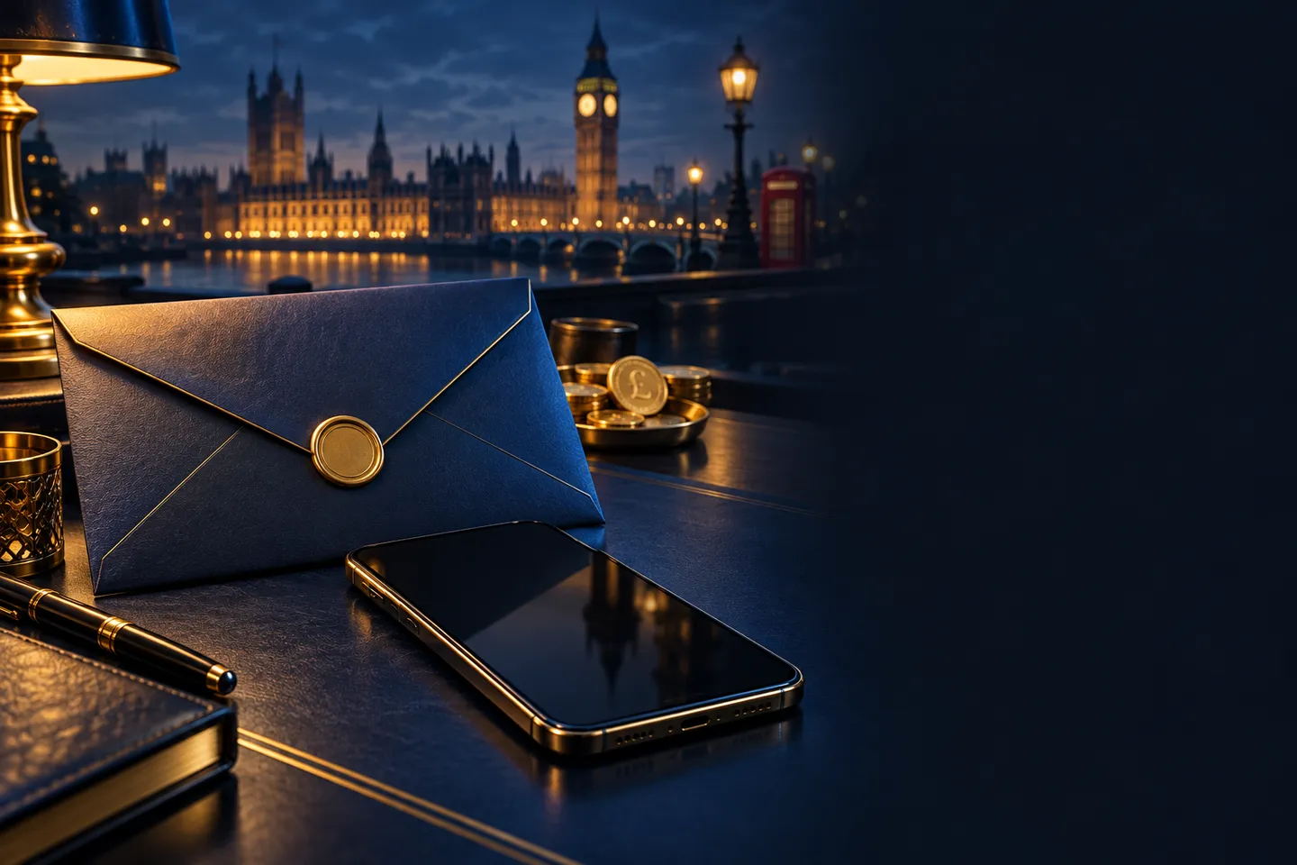 An envelope and smartphone resting on a deep navy desk, gold highlights and subtle London skyline silhouette in soft cinemati