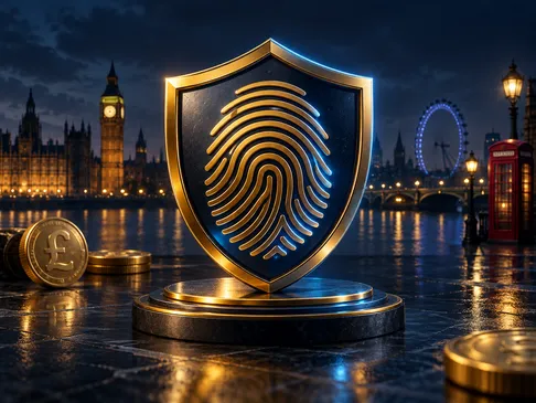 A glowing gold fingerprint merges with a protective shield icon against a deep navy background with electric-blue rim light a