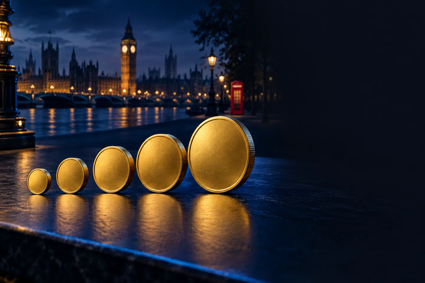 Five gold coins arranged in ascending size on a deep navy surface with warm gold highlights and cinematic lighting