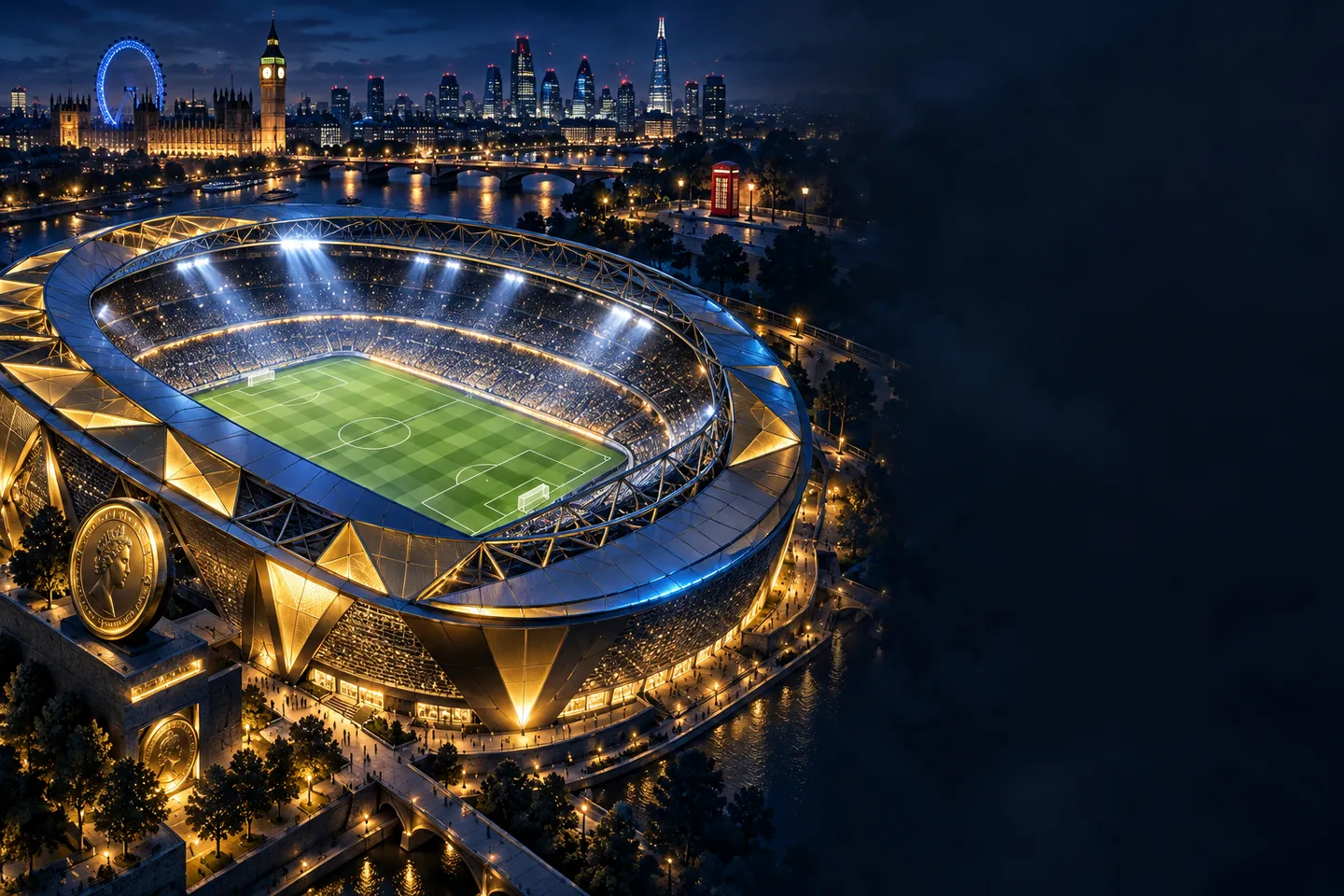 Aerial night view of a football stadium with abstract gold panels, deep navy sky, and cinematic lighting for UK casino guide