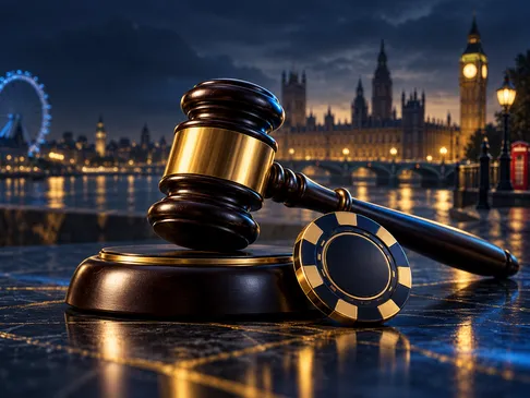 A golden gavel and casino chip against a deep navy background with cinematic lighting and subtle British skyline accents