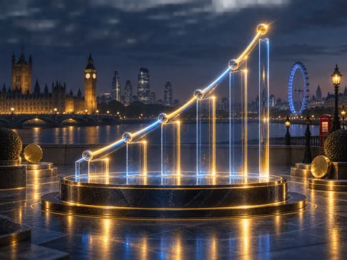 A luminous chart drawn in light against a deep navy background with gold highlights and subtle London skyline silhouette in c