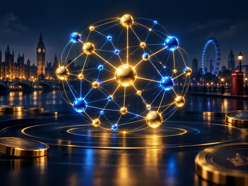 Semi-realistic digital painting of a glowing network diagram with gold and electric-blue nodes on deep navy background with s