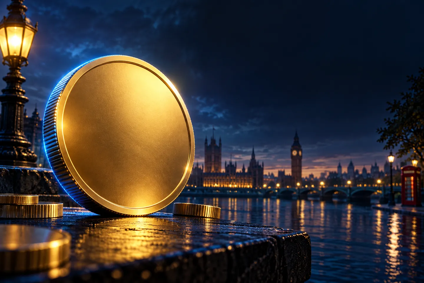 Abstract gold coin glowing with electric-blue rim light against a deep navy background with subtle London skyline silhouette