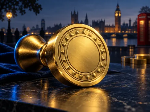 A gleaming gold approval stamp centred on a deep navy background with electric-blue rim light and subtle London skyline silho