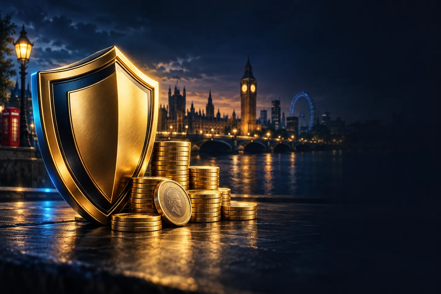 Gold barrier shape beside a stack of coins with deep navy background and British skyline accents for UK casino guide