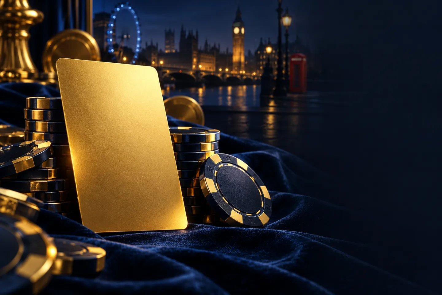 A gold playing card beside a stack of premium casino chips on deep navy velvet with warm gold and electric-blue lighting