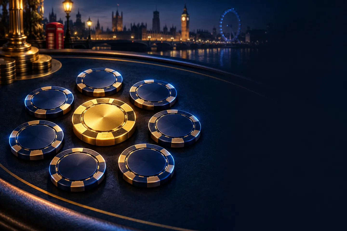 Seven abstract casino chips arranged around a central gold chip on a deep navy table with cinematic blue rim lighting