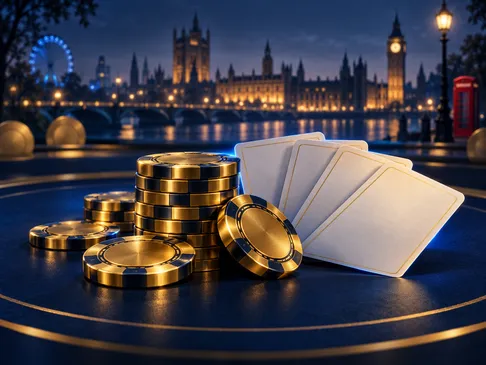 Premium editorial illustration of gold casino chips and playing cards arranged on a deep navy table with cinematic lighting