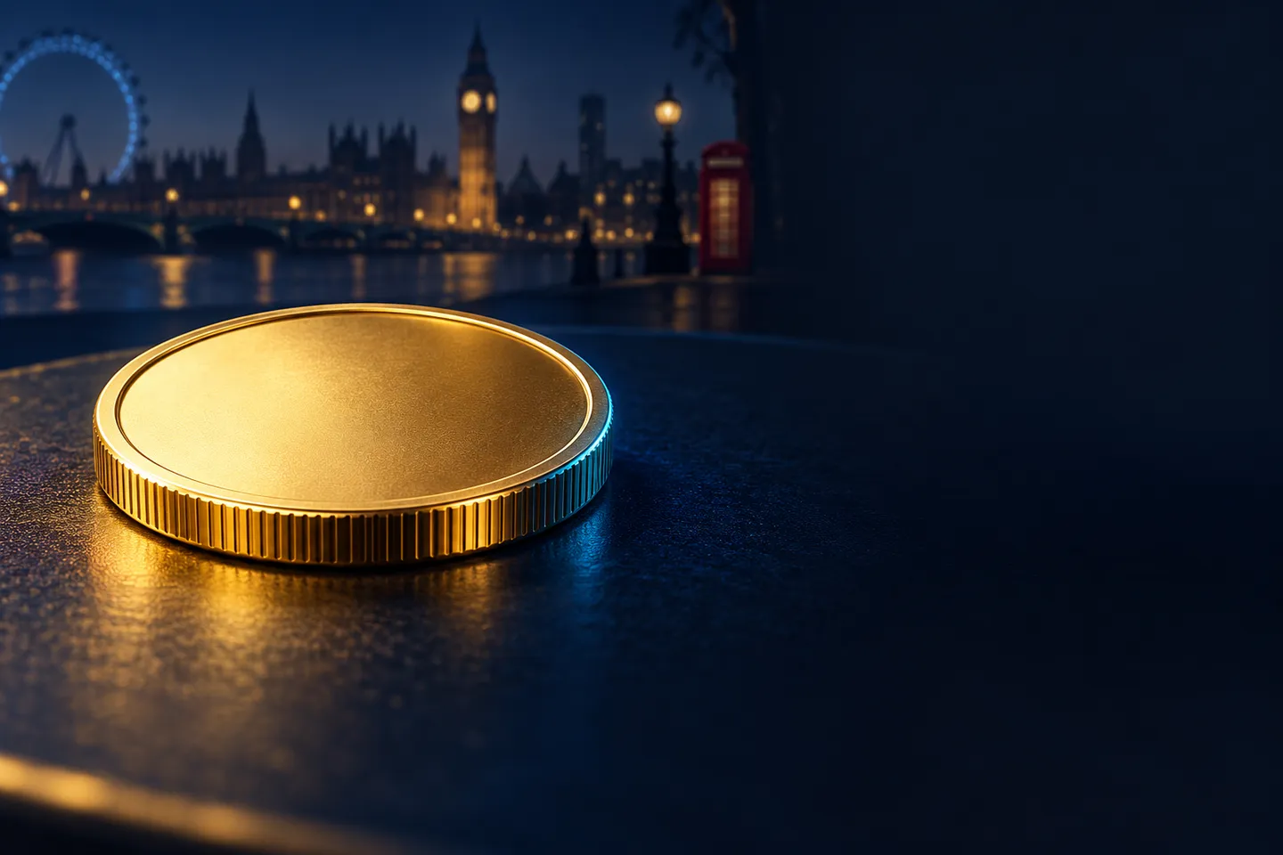 A single gold coin resting on a deep navy surface with soft cinematic lighting and subtle British skyline silhouette in the b
