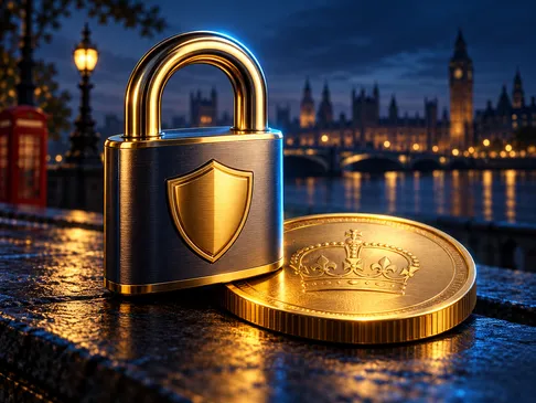 A gleaming gold coin beside a secure padlock on deep navy background with gold highlights and subtle London skyline silhouett