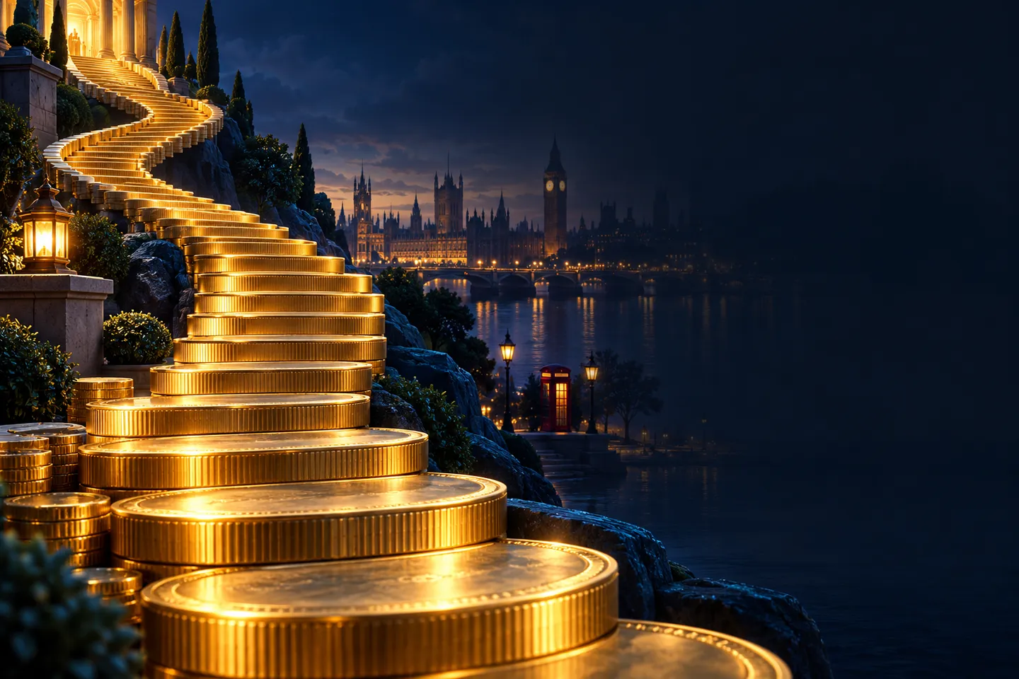 A staircase of gleaming gold coins rising against a deep navy background with cinematic blue rim lighting and subtle London s