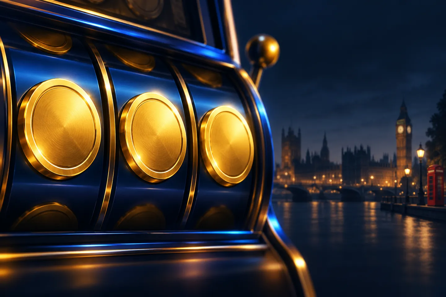 Abstract gold coin symbols locked on a deep navy slot grid with electric-blue rim light and subtle London skyline accents