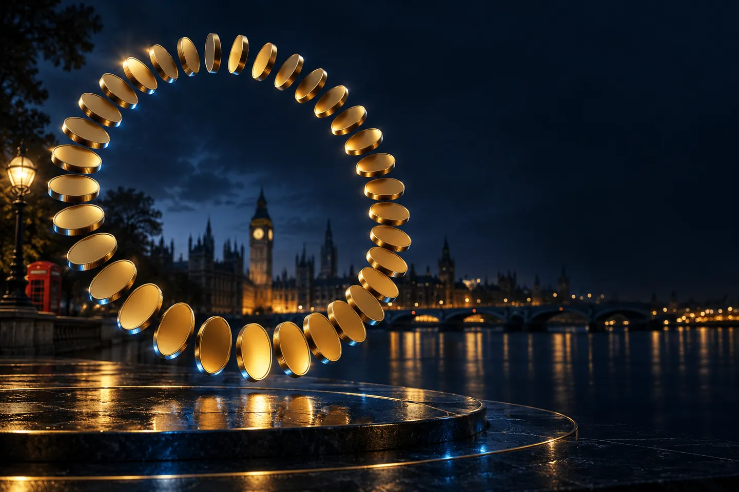 Fifty abstract gold coins arranged in a circular pattern against a deep navy background with cinematic blue rim lighting and 